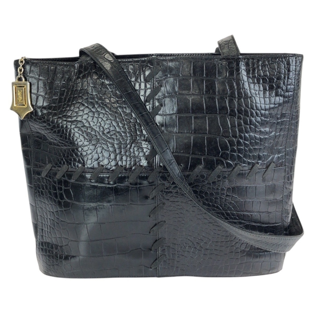 YVES SAINT LAURENT Vintage YSL Embossed Black Leather Tote Bag/Shoulder Bag w...
